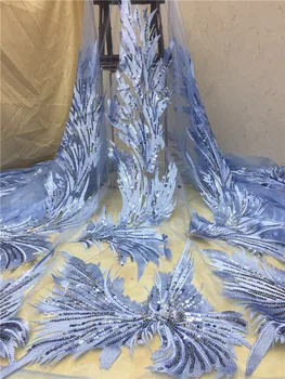 Красива Лейси Плат небесносин, най-Новата Африканска Лейси Тъкани От Тюл, Бродирани с Пайети За Сватбената Рокля на Булката