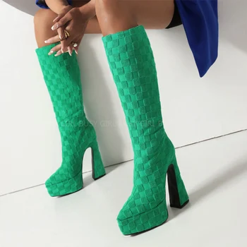 Зелени велурени дамски директни ботуши до коляното с квадратна шевове, топли зимни дамски водоустойчиви ботуши на платформа с остри пръсти отзад