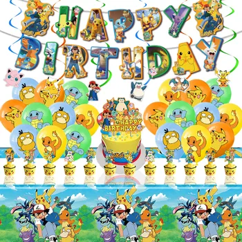 Pokemon тематичен Пикачу банер на рожден ден навити торта флаг покривка набор от балони за парти украса на мястото за провеждане на детски партита аксесоари