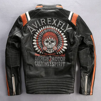 AVIREXFLY Мъжка кожена мотоциклетът яке с бродерия черепи в стил пънк, Реколта черно яке от естествена кожа, мъжки байкерская яке