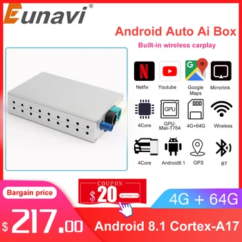Eunavi CarPlay Android AI Box System Автомобилен Мултимедиен плеър, щепсела и да играе, Android 8.1 4G RAM 64G ROM GPS WIFI-Рефлексен линк