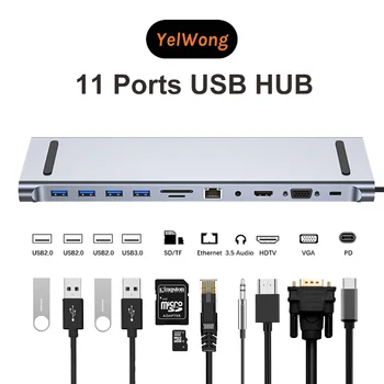 11 в 1 Тип C C USB Хъб 3.0 В Газа Адаптер 4K, HDMI, RJ-45 SD/TF VGA, HDMI, DP Зарядно устройство за Лаптоп Dell MacBook iPad xiaomi