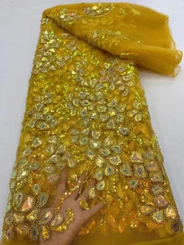 Луксозна жълта Последователност Дантелен Тъкани Нигерийски Дантела 2022 Бродерия на Окото Лейси Плат 3D Бродирани Мъниста Африканска Сватба Лейси Плат