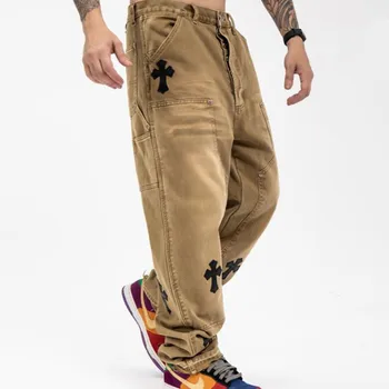 Нови Кожени Кръст-Дънки За Мъже High Street Jeans Homme Кафяви Прави Панталони В Формата На Сърце Дънкови Панталони