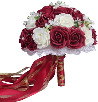Изкуствени Цветя от Рози с Перли Сватбени Аксесоари, Сватбени Букети (Бордо)