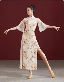 2022 традиционен китайски танц костюм секси дантелено рокля ципао с флорални принтом народна танцова градинска облекло сценичното представяне на танцов костюм