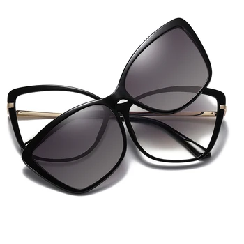 Модерни дамски слънчеви очила с магнитна поляризация 2 В 1, Модни Слънчеви очила с Кошачьим Око, Прозрачни Очила с Анти-синя светлина, Рамки, Слънчеви Очила