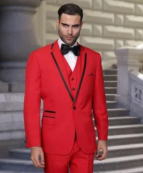 Направен по поръчка Червени Сватбени Мъжки костюми за бизнес партита, смокинги за булката, костюм за младоженеца, Официално облекло от 3 теми (яке + панталон + елек + вратовръзка)