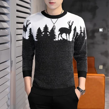 Нов мъжки Пуловер Slim Fit От Топло Трико От 2021 Есента и зимата с Коледните Принтом на Лоса