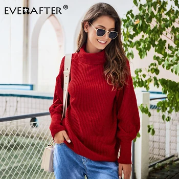 EVERAFTER Елегантен червен жена пуловер с висока воротом и ръкав-фенерче, без вязаный пуловер с рюшами, жена на улицата пуловер, жилетка, нов