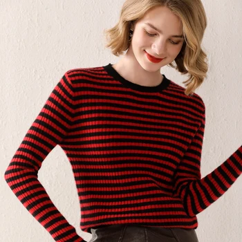 Вълнен пуловер женски зимен 2021 нов 100% вълна вязаный пуловер в Тънка ивица дамски блузи с кръгло деколте и дълги ръкави