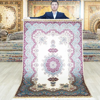 Традиционен Тебризский килим Yilong 4x6 Бежово Vantage Антикварни Копринени Постелки (0695)