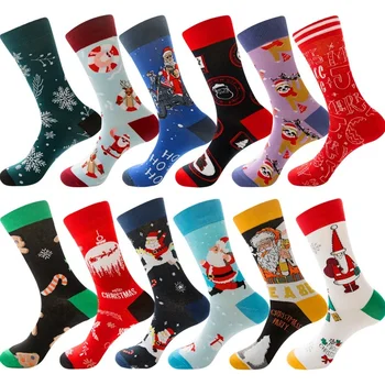 Чифт Чорапи Мъжки Коледни Чорапи Забавни Коледни Дядо Коледа Елха Снежинка Лосове Сняг Памучен Тръба На Екипажа Щастлив Чорап Мъжки Коледни Чорапи