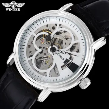 2016 ПОБЕДИТЕЛ популярната марка за мъжка мода автоматични часовници за самостоятелно ликвидация скелет бял циферблат прозрачно стъкло сребърен корпус, кожена каишка
