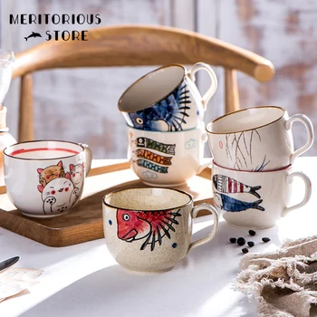 Реколта Кафеена Чаша, Уникални Керамични Чаши В Стила на японски Карикатура, 500 мл, Ръчно Рисувана Чаша за Закуска, Творчески Подарък за Приятели
