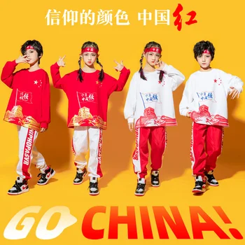 Детски екип за поддръжка, китайската червена облекло за изказвания, Костюм за улични танци в стил хип-хоп за момчета и момичета, игри в началното училище