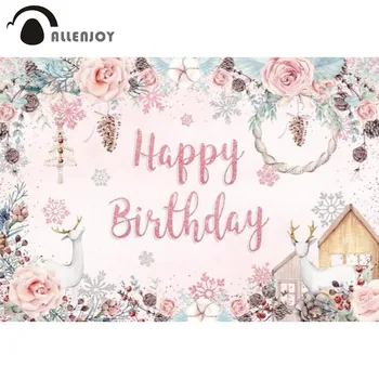 Allenjoy Честит Рожден Ден На Фона На Партита Розово Цвете Цвете За Малки Момичета Акварел Снежинка Новородено Потребителски Декор На Фона На Банер