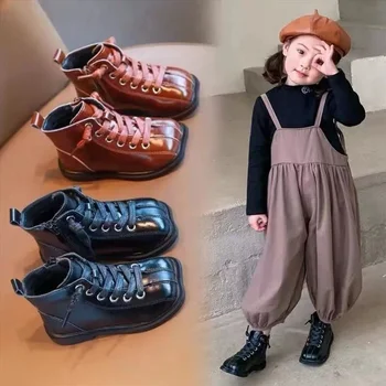 Модерни къси ботуши в английски стил за момичета; детски кожени обувки; топли нескользящие обувки Martin в мека подметка за момиченца