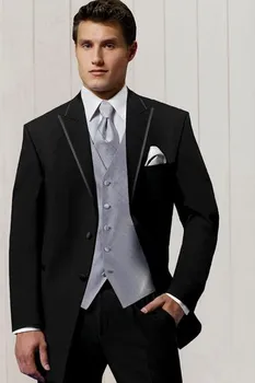 Лидер в продажбите, Модно мъжко сутрин обличам Господин, черните сватбени костюми с изрезки, сватбен костюм на младоженеца (яке + Панталон + елек + вратовръзка)