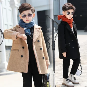 Есенно-зимния утепленное бархатное палто за малки момчета на възраст от 2 до 12 години, модни Вълнена Горна дреха, Ежедневни топло Двубортная однотонная на горно облекло