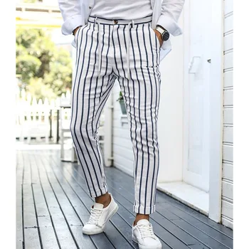 Модерен мъжки Панталони, Класически Ежедневни Панталони в Бизнес Ивица с Принтом, плътно Прилепнали Панталони-молив В съвсем малък, Модерен мъжки Тенденции, Дрехи