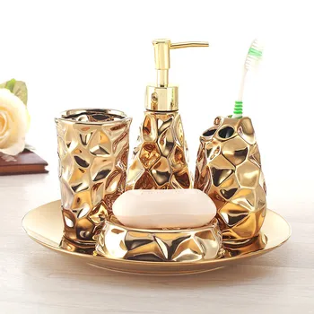 Керамичен комплект за баня от четири части, Златния държач за четка за зъби, Опаковка сапун, кутия за сапун, аксесоари за декорация на баня, Сватбени подаръци