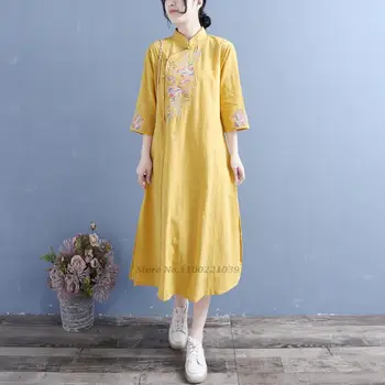 2022 традиционното китайското памучни ленено ципао винтажное рокля с бродерия на цветя рокля елегантна рокля за народни танци източното ципао